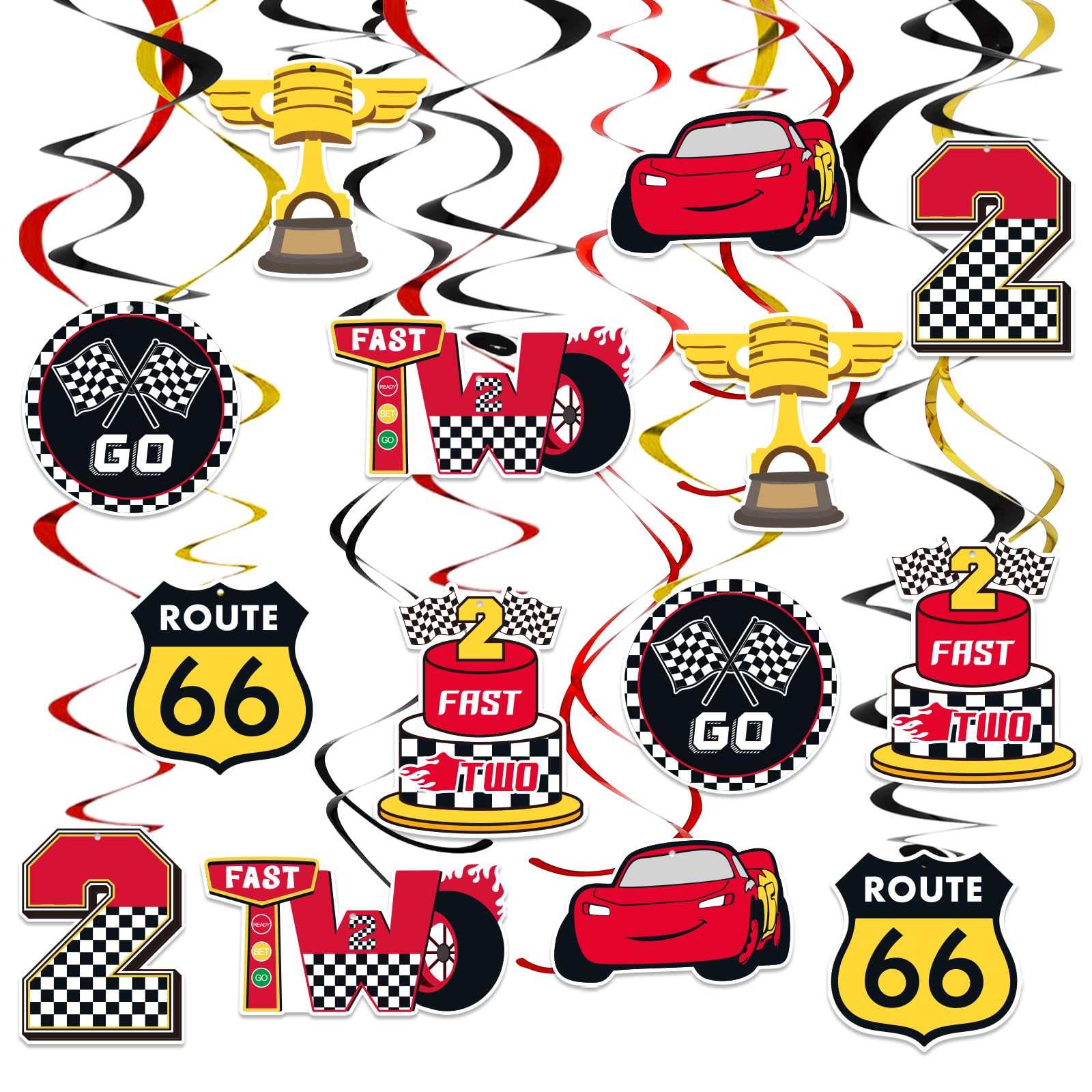 Black Red Yellow 2nd Birthday Hanging Swirl Decorations-Race Car Ceiling Streamers,Race Car Theme Party Supplies,Party Favors(38 Pcs)