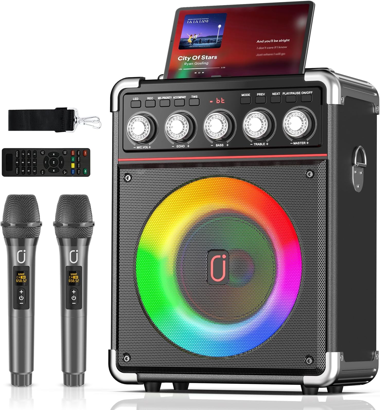 PPMICKaraoke Machine, 24H Playtime Portable Bluetooth Speaker with 2 Wireless Microphones for Adults, PA System with Bass/Treble/Echo Adjustment, for Outdoor Singing, Home Parties & DJ Night