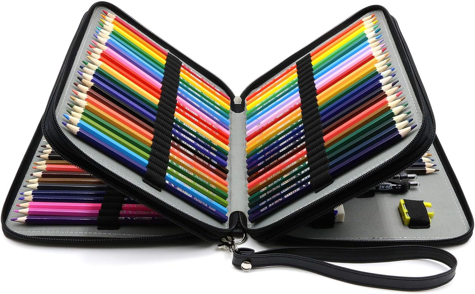 YOUSHARES 120 Slots Pencil Case - PU Leather Handy Multi-layer Large Zipper Pen Bag with Handle Strap for Prismacolor Watercolor Pencils, Crayola Colored Pencils, Marco Pens and Makeup Brush (Black)