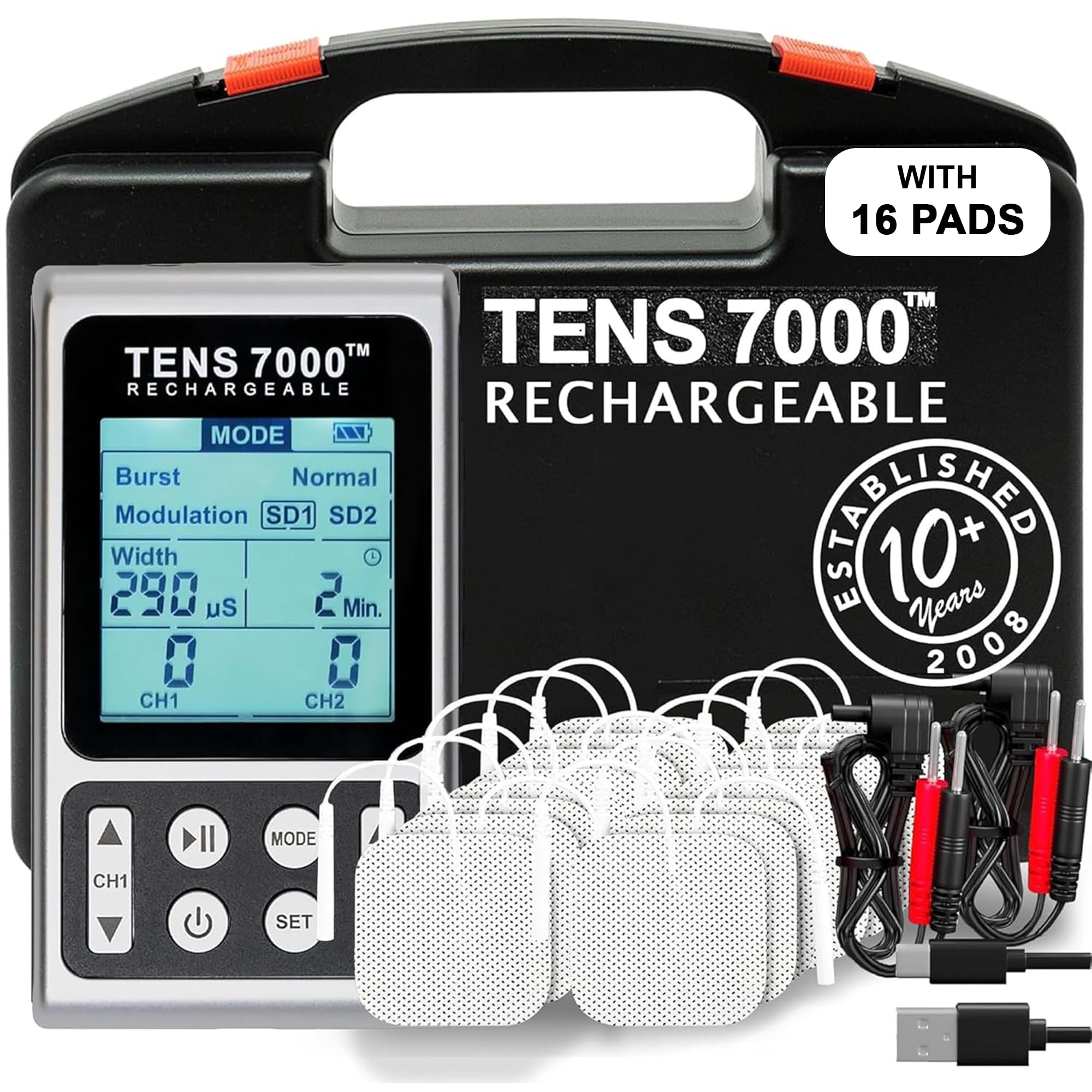 Photo 1 of TENS 7000 Rechargeable TENS Unit Muscle Stimulator, Includes 16 TENS Unit Pads, Pain Relief Device, Clinical Strength TENS Machine for Effective Back Pain Relief, Nerve Pain Relief, Muscle Pain Relief