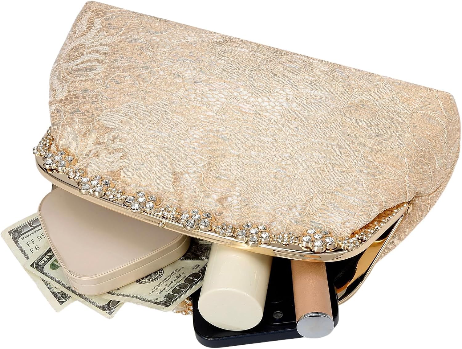 YYW Clutch Purse for Women Lace Formal Evening Bag with Rhinestones for Wedding Prom Party Clutch Shoulder Cross Body Handbag