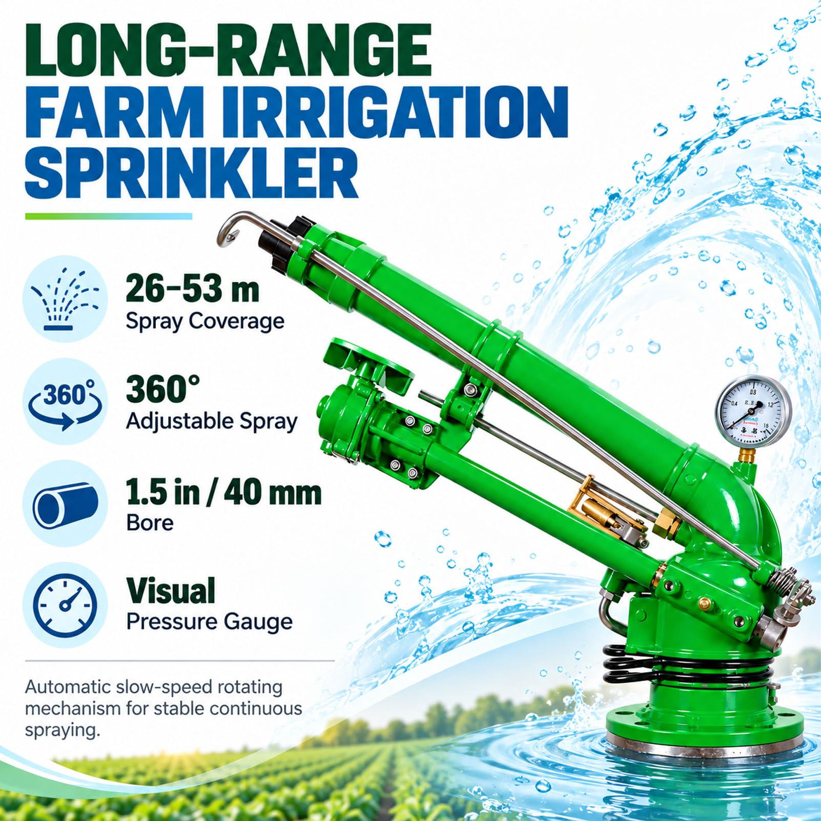 Turbinenregner mit Manometer, Impulse Impact Sprinkler für landwirtschaftliche Bewässerung, 360 Grad Sprinkler mit Ersatzdüse und 1,2 m Halterung, ideal für Bauernhof- und Gartenbewässerung. B