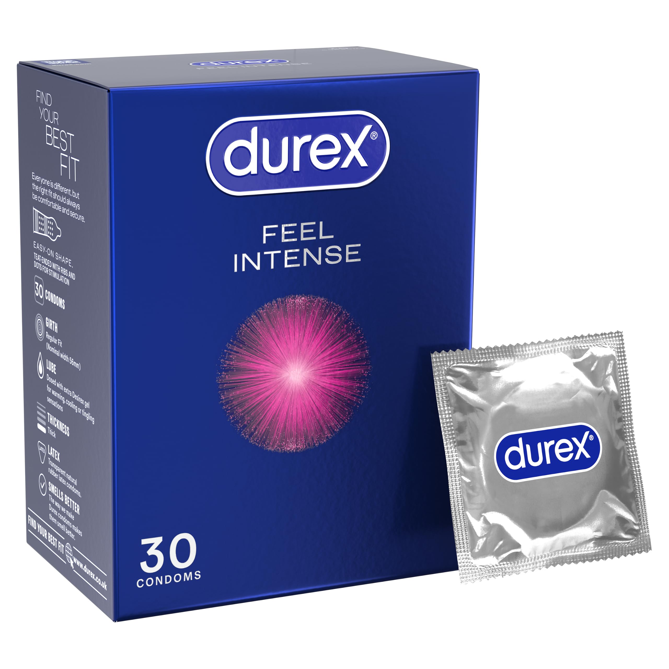 Durex Feel Intense, 30 Condoms, Ribbed & Dotted, Pre Lubricated