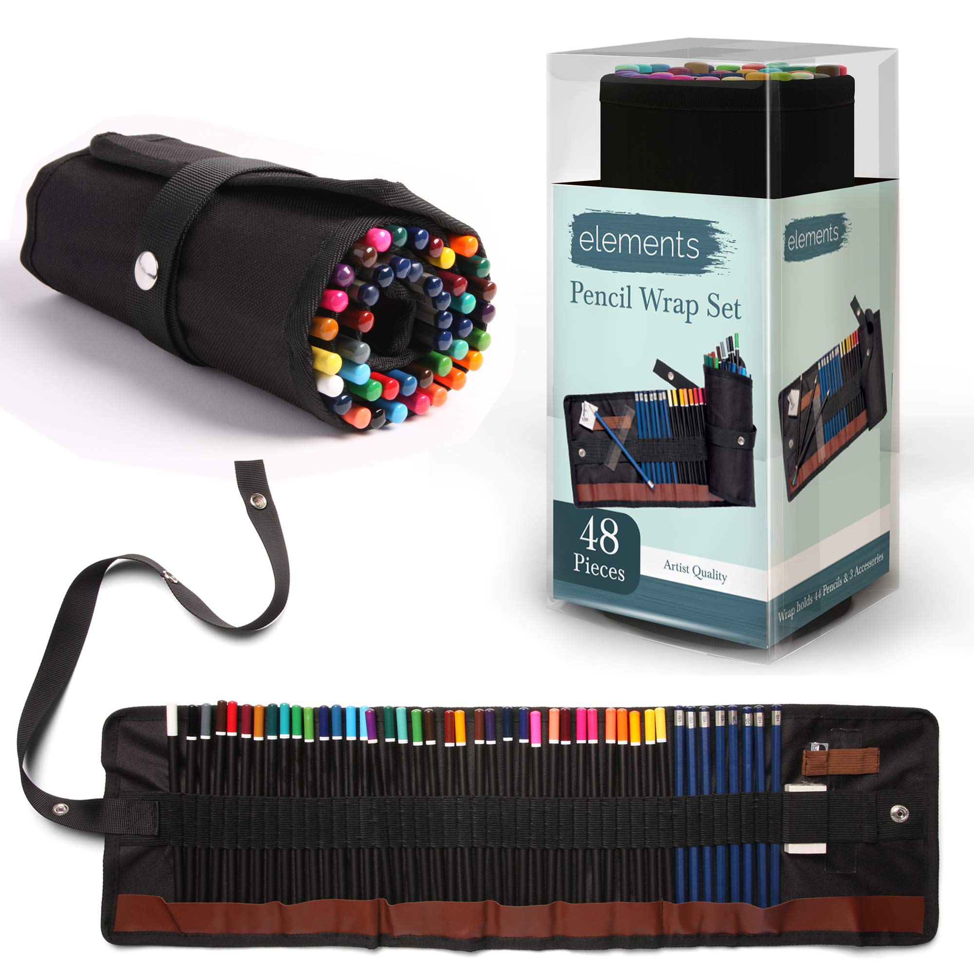 Elements Juego de 48 lápices de colores para dibujar y hacer bocetos de grado artista, lápices de colores de 3,5 mm para niños y adultos con estuche de lona enrollable portátil