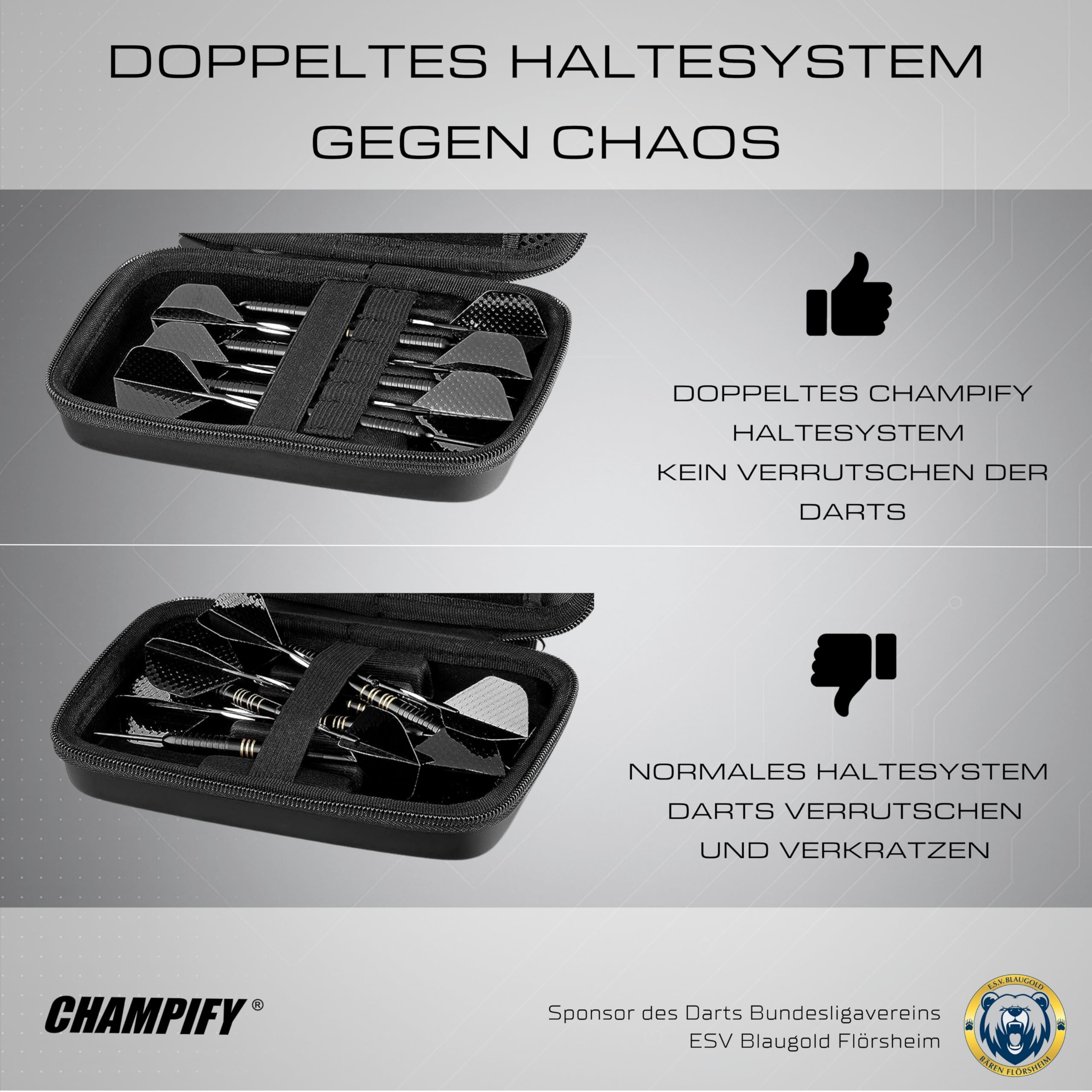 Champify® Darttasche mit Haltesystem gegen Verrutschen der Dartpfeile | Hard-Case zum Schutz für 3 Steeldarts oder Softdarts und vielen Taschen für Dart Flights und weiteres Darts Zubehör