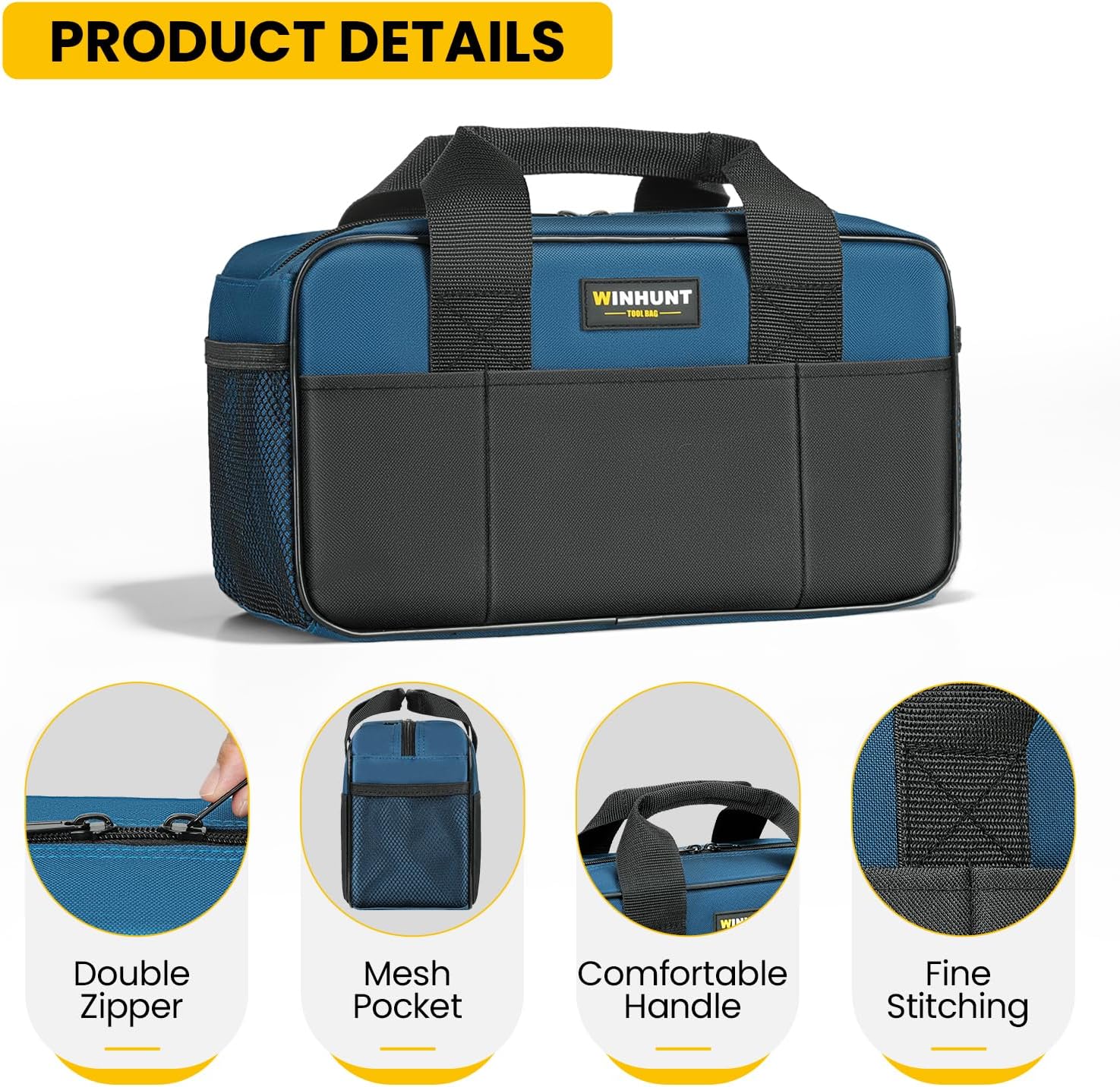 Tool Bag, Heavy Duty Storage Organizer with Multiple Pockets, 14 Inch Small Tool Tote Bag, Wide Mouth For Man/Woman, Blue and Black