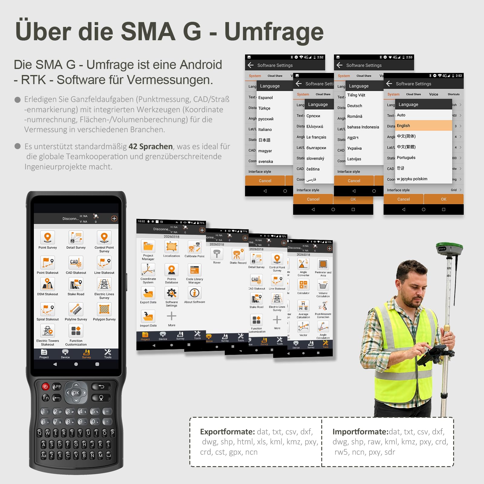 SMA26 Plus GNSS RTK Rover- und Basisvermessungsgerät mit Controller und Software, kompatibel mit UAVs, 1 cm Genauigkeit, NOAA-Zertifiziert, IMU/PPP/UHF/NTRIP/BT, IP67 GPS für Tiefbau und Topografie