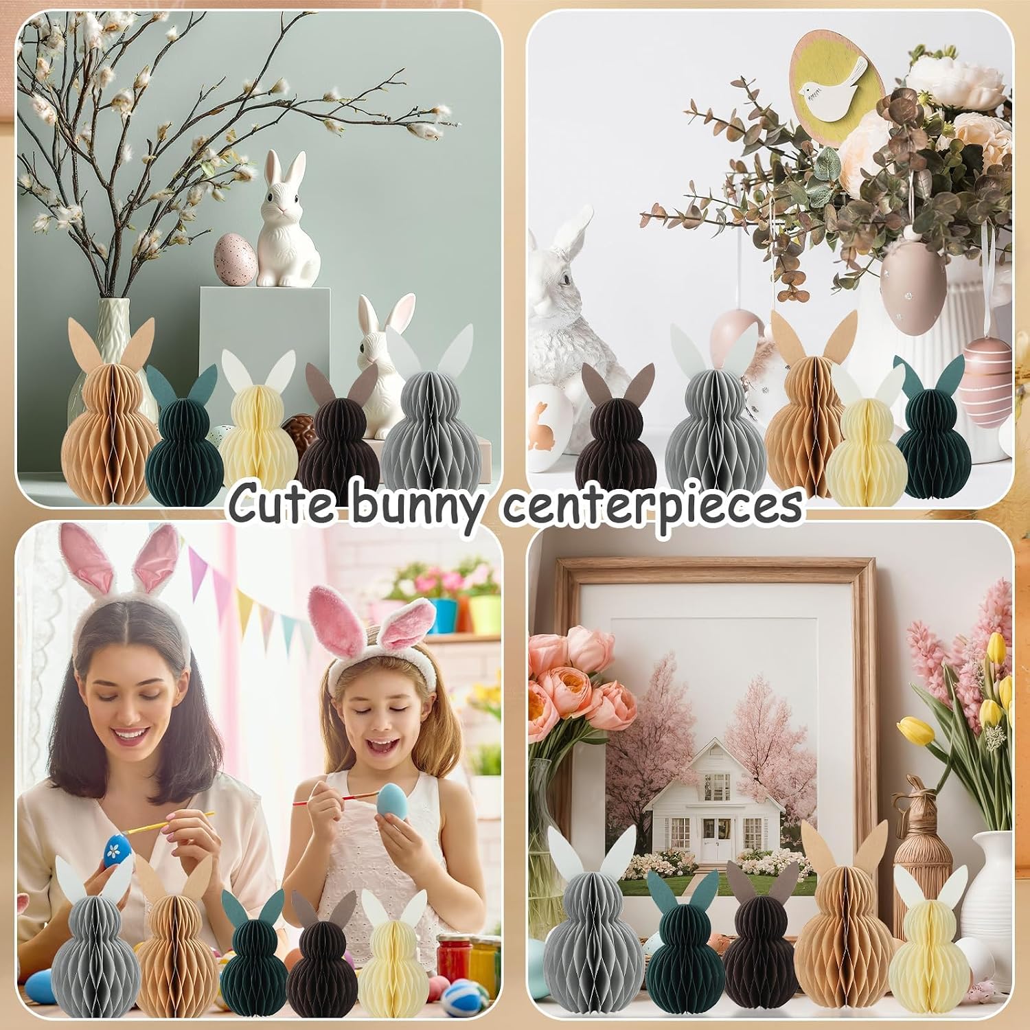 5Pcs Easter Bunny Honeycomb Centerpiece Easter Party Table Decorations 3D Paper Rabbit with Magnet Neutral Boho Table Ornament for Home Office Kitchen Easter Gift Holiday Party Table Supplies