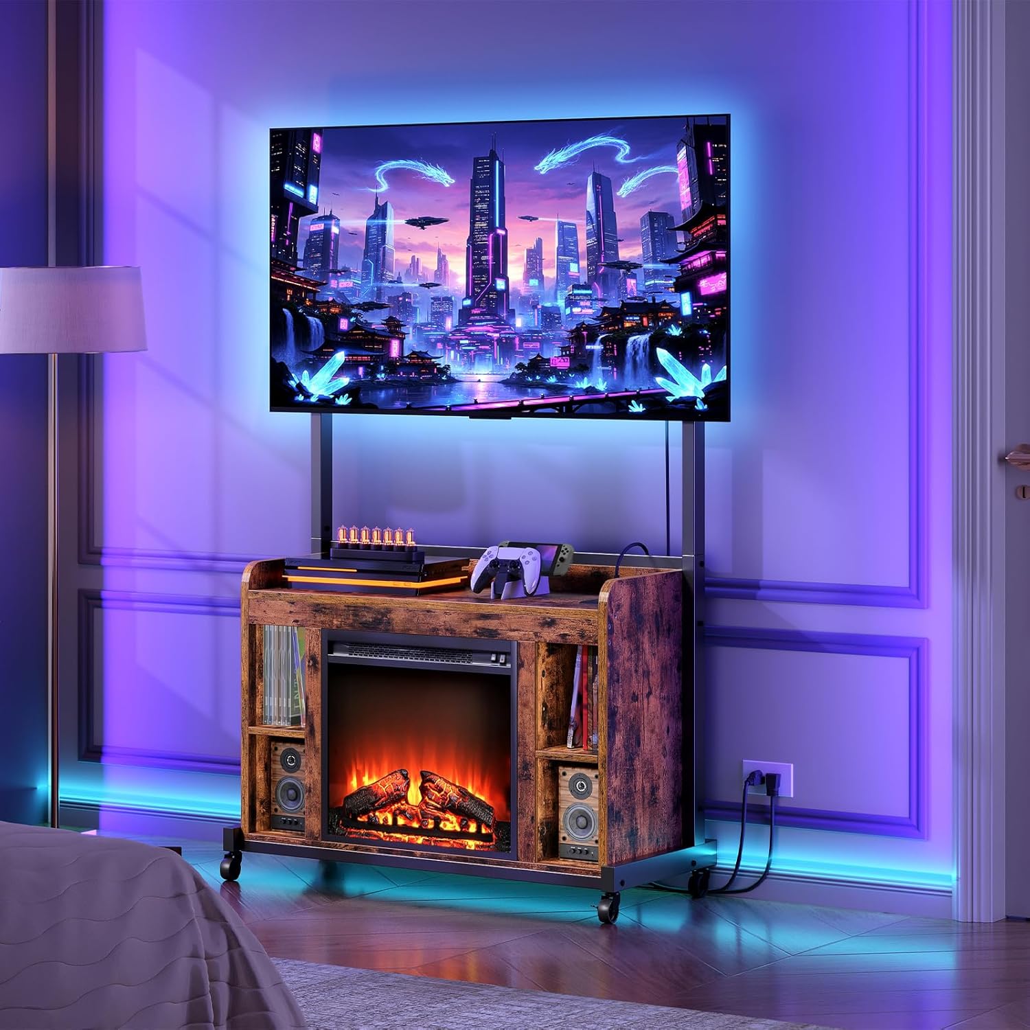 Fireplace TV Stand with Mount for 55/60/65/75 inch TVs, Corner Entertainment Center with Power Outlet and 18" Electric Fireplace, Height Adjustable TV Console for Living Room, Rustic and Black