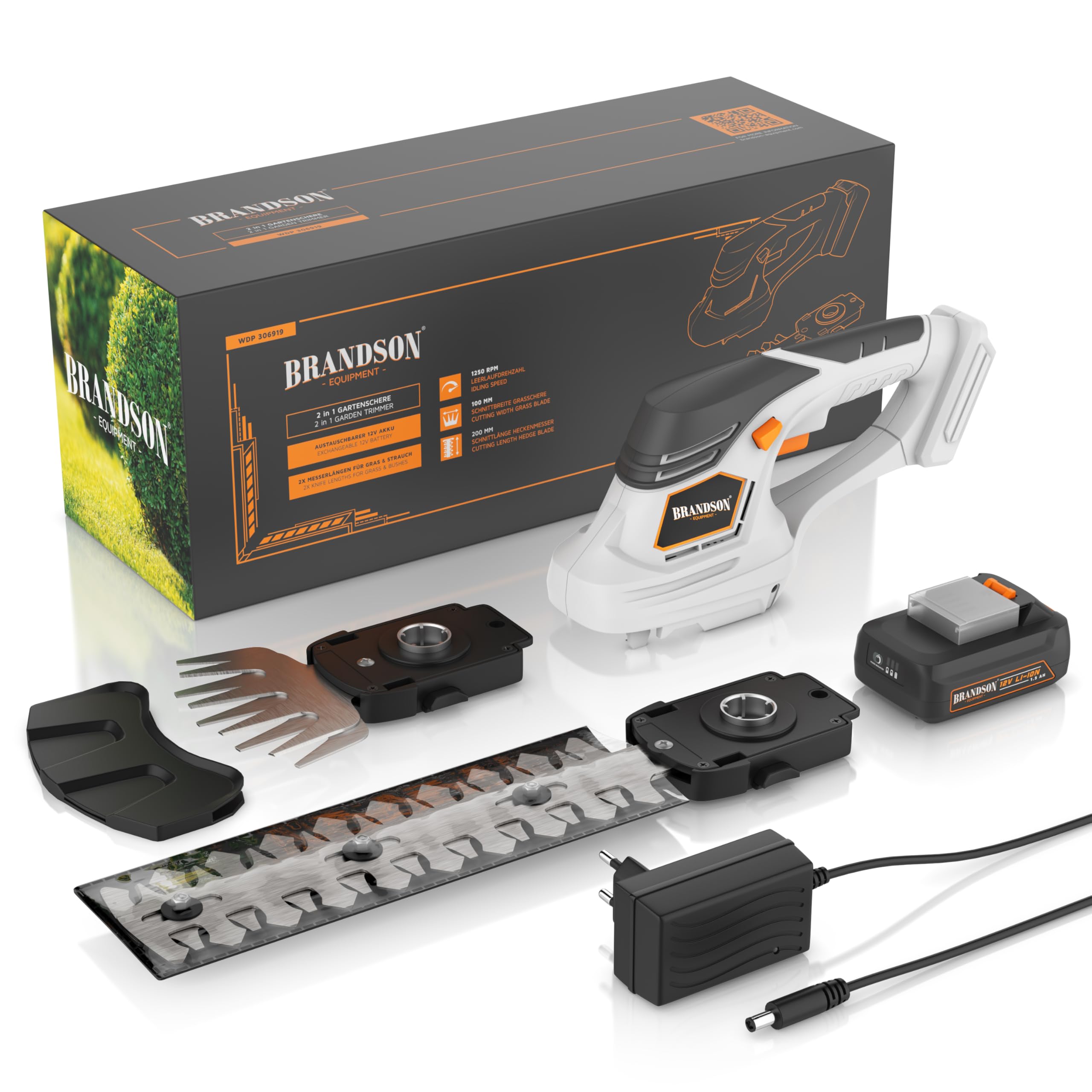 Brandson - Grasschere mit Akku - kabellose Strauch und Heckenschere - elektrischer Rasenkantenschneider – Aufsätze zum Wechsel - 12mAh Akku und Ladegerät inklusive