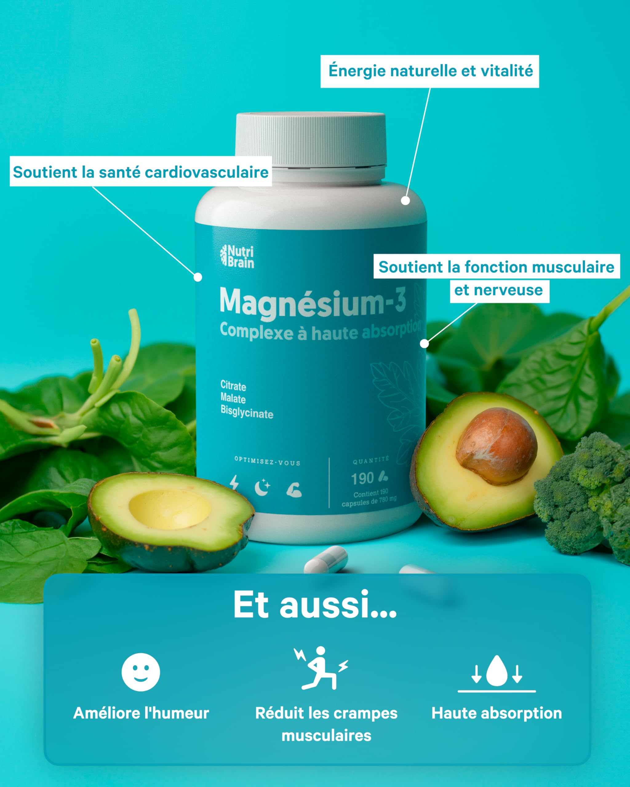 Magnésium Bisglycinate, Citrate et Malate | Complexe 3 en 1 | Anti-Fatigue et Anti-Stress | Haute Absorption et Biodisponibilité Maximale | 190 Gélules | Enérgie, Sommeil et Récupération Musculaire