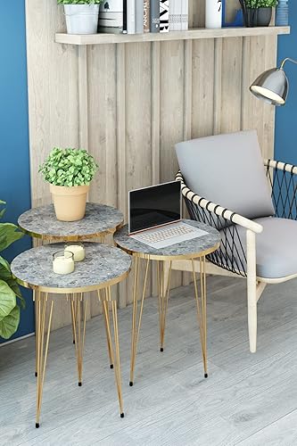 PAK HOME Juego de 3 mesas auxiliares anidadas redondas de madera apilables, mesa de sofá lateral de café con patas de metal para sala de estar,