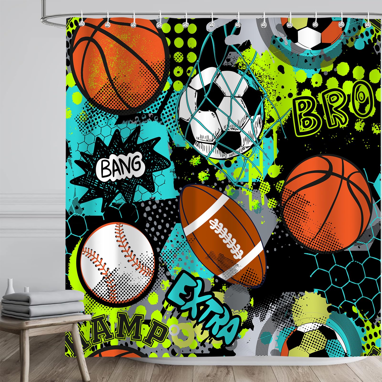 Sokdcam Sports Shower Curtain for Kids Children Teens, Cool Graffiti Basketball Baseball Soccer Bathroom Curtain Decor, Multicolor Polyester Fabric Waterproof Bath Curtains with 12 Hooks, 72X72 inch