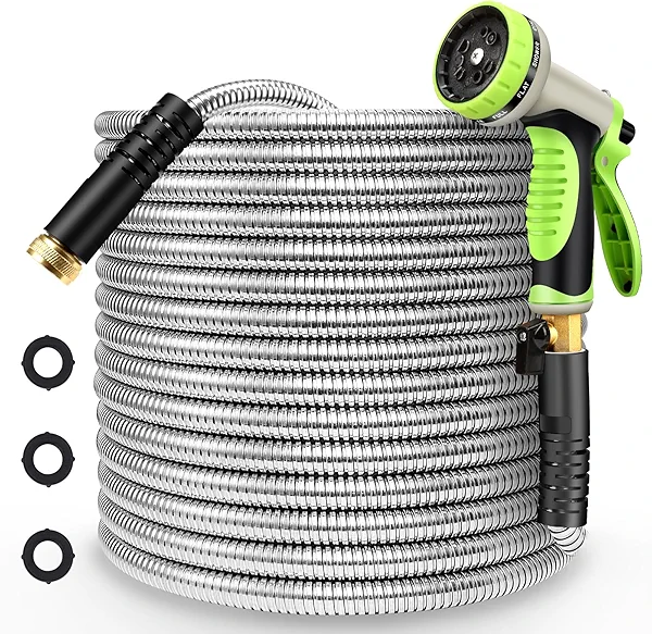 Metal Garden Hose 100FT Stainless Steel Heavy Duty Flexible Lightweight Water Hoses Pipe with 10-Function Spray Nozzle and 3/4" Solid Brass Fittings No Kink Durable for Outdoor Yard & Lawn