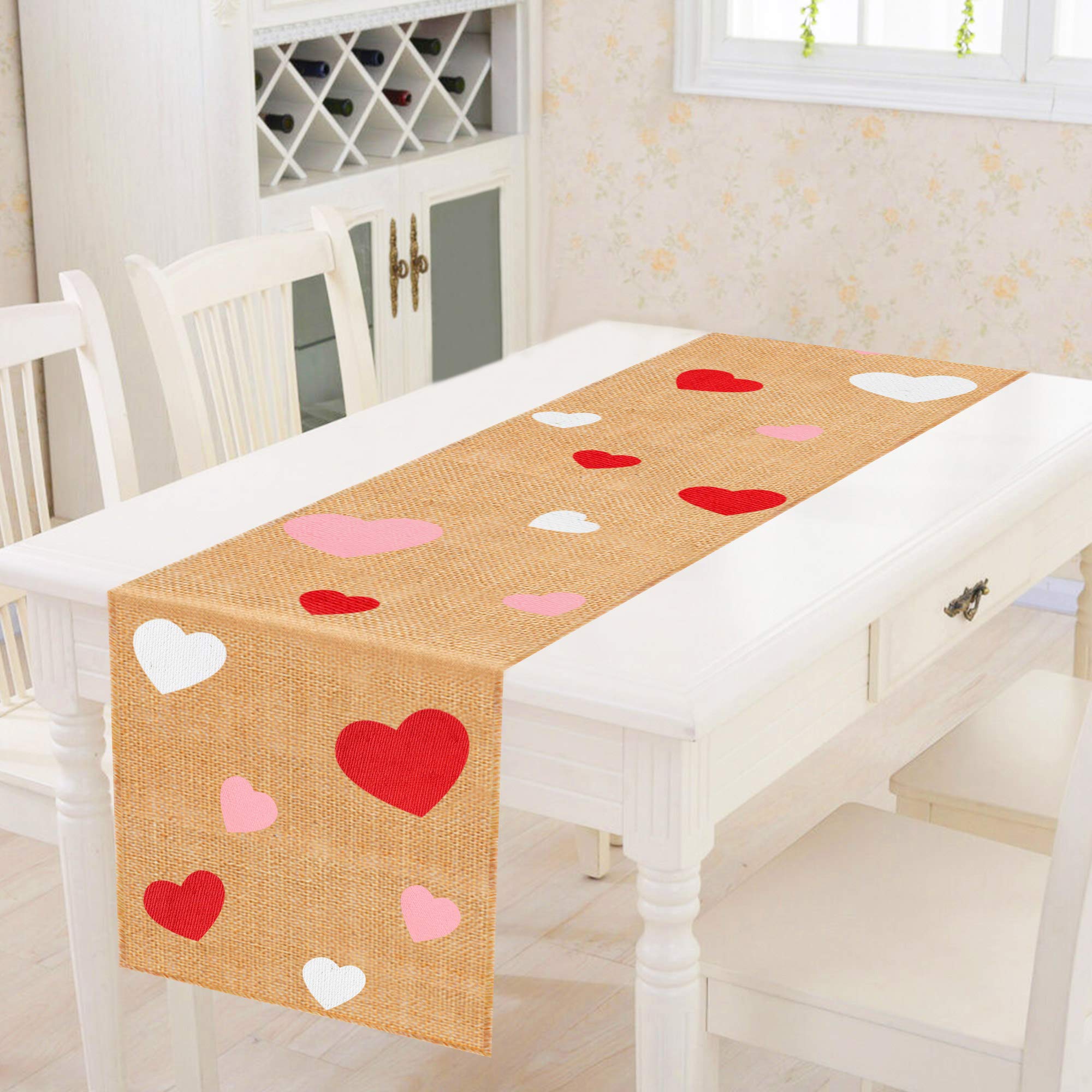 Valentines Day Table Runner, Burlap Red Pink White Love Heart Table Runner for Valentine's Day Dinner Table Decorations Valentines Engagement Party Supplies - 13 x 72 Inch