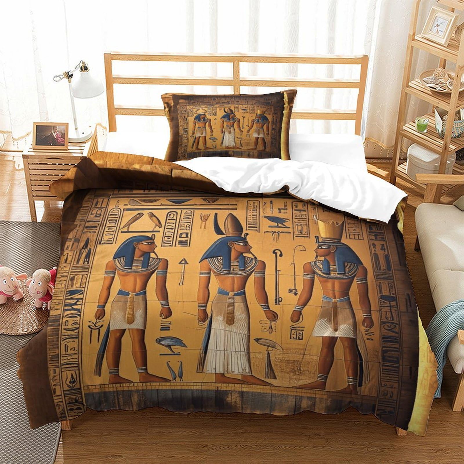 Lililaobiao Boys Ancient Egyptian Mural-2 3D Pattern Ancient Egyptian Mural Bedding Set Single（135X200cm）, Karnak Temple Reliefs Duvet Cover For & Girl, Microfiber Quilt Cover Skin-Friendly & Hypoallergenic Bed Linen Set