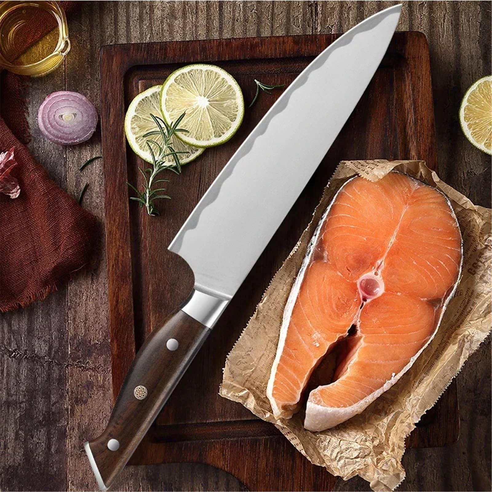 Coltello forgiato Coltello da salmone giapponese Coltello da sushi Coltello da carne Coltello da filetto di pesce Coltello da affettare crudo Coltello da sashimi Santoku(H/1pc)