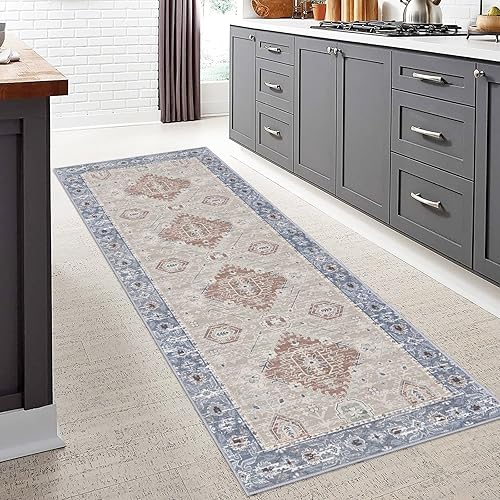 Miniatura 3 de KONYXALU Alfombra de pasillo, 2 x 6, suave, estilo bohemio, vintage, de lana sintética envejecida, alfombra de entrada de pelo bajo, antideslizante,