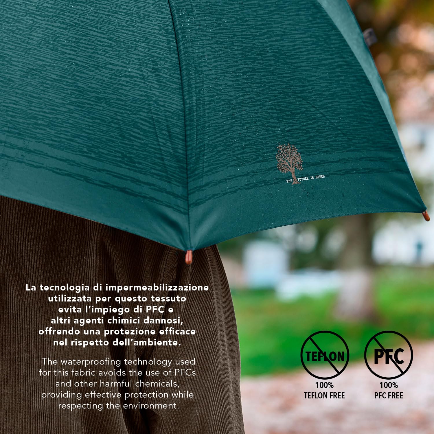 PERLETTI GREEN Składany Parasol Męski Automatyczny Przyjazny Środowisku - Parasolka Organiczna Ekologiczna Uchwyt z Drewna - Kompaktowe Małe Parasole Wiatroodporne - Średnica 96 cm
