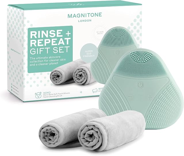 MAGNITONE Rinse + Repeat Gift Set - XOXO Silicone Facial Cleansing Brush + WipeOut Microfibre Cleansing Cloths - Makeup Removal, Cleanse, Brighten and Soften Skin, 100% Waterproof, USB Rechargeable