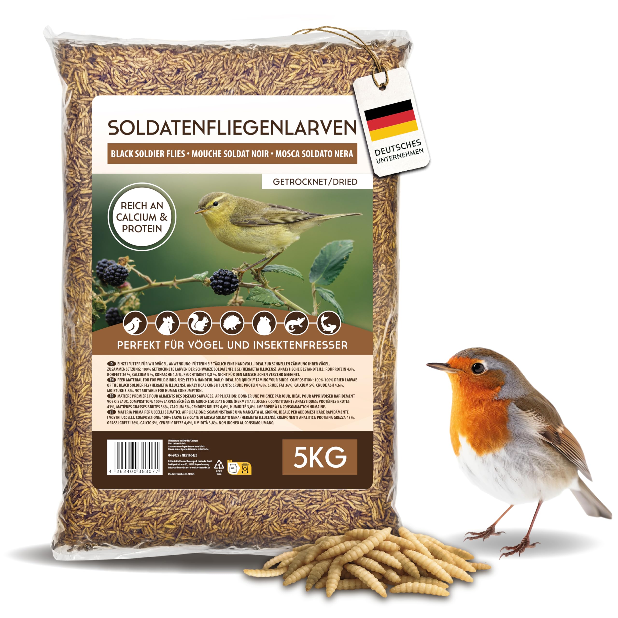 Koi-Herdecke getrocknete Soldatenfliegenlarven 5kg, Black Soldier Fly - wie Mehlwürmer, Reich an Proteinen und Nährstoffen, Naturfutter für Vögel, Fische, Nager und Reptilien
