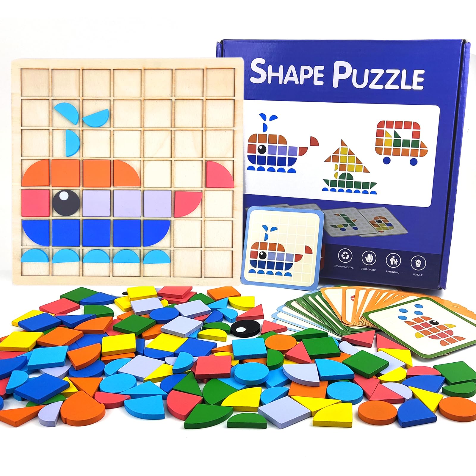 Juguetes Montessori Niños 3 4 5 6 Años, Puzzle Tangram Rompecabezas niños, 140 Bloques de Madera con Formas de Colores y Tarjetas, Juegos Educativos Interactivos Regalo Niño Niña