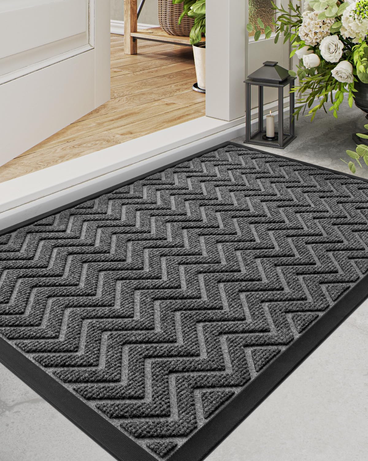 DEXI Front Door Mat Outside Entrance, Rubber Entry Doormat Heavy Duty, Welcome Mats Non Slip for Inside House Floor Entryway Back Doors Exterior Patio, 17x29, Chevron Dark Grey