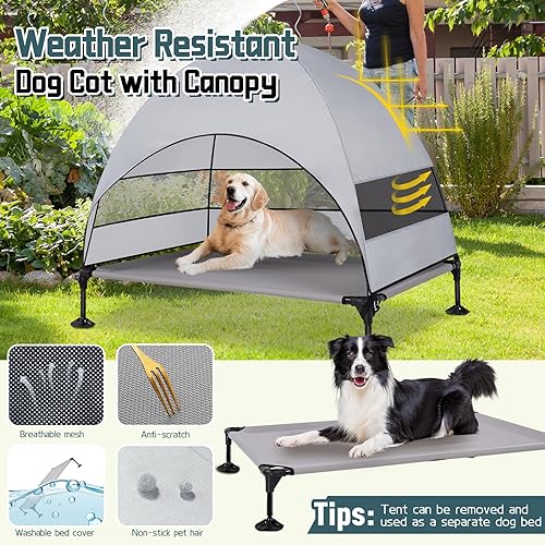 Miniatura 4 de Cama elevada para perros al aire libre con toldo, catre exterior elevado con patas ajustables estables, cama de campamento para perros con sombra