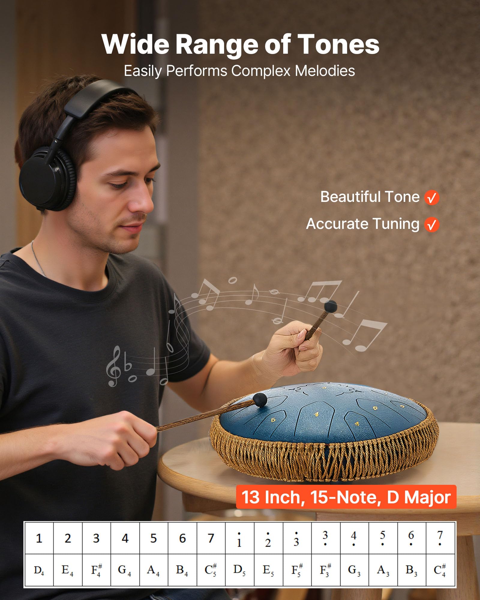 VEVOR Tamburo a Lingua d'Acciaio, Tamburo a Pioggia da 330 mm e 15 Note per Giardino Esterno, Tamburi Musicali in Do Maggiore con Libro di Musica e Bacchette, Strumento a Percussione, Blu Navy