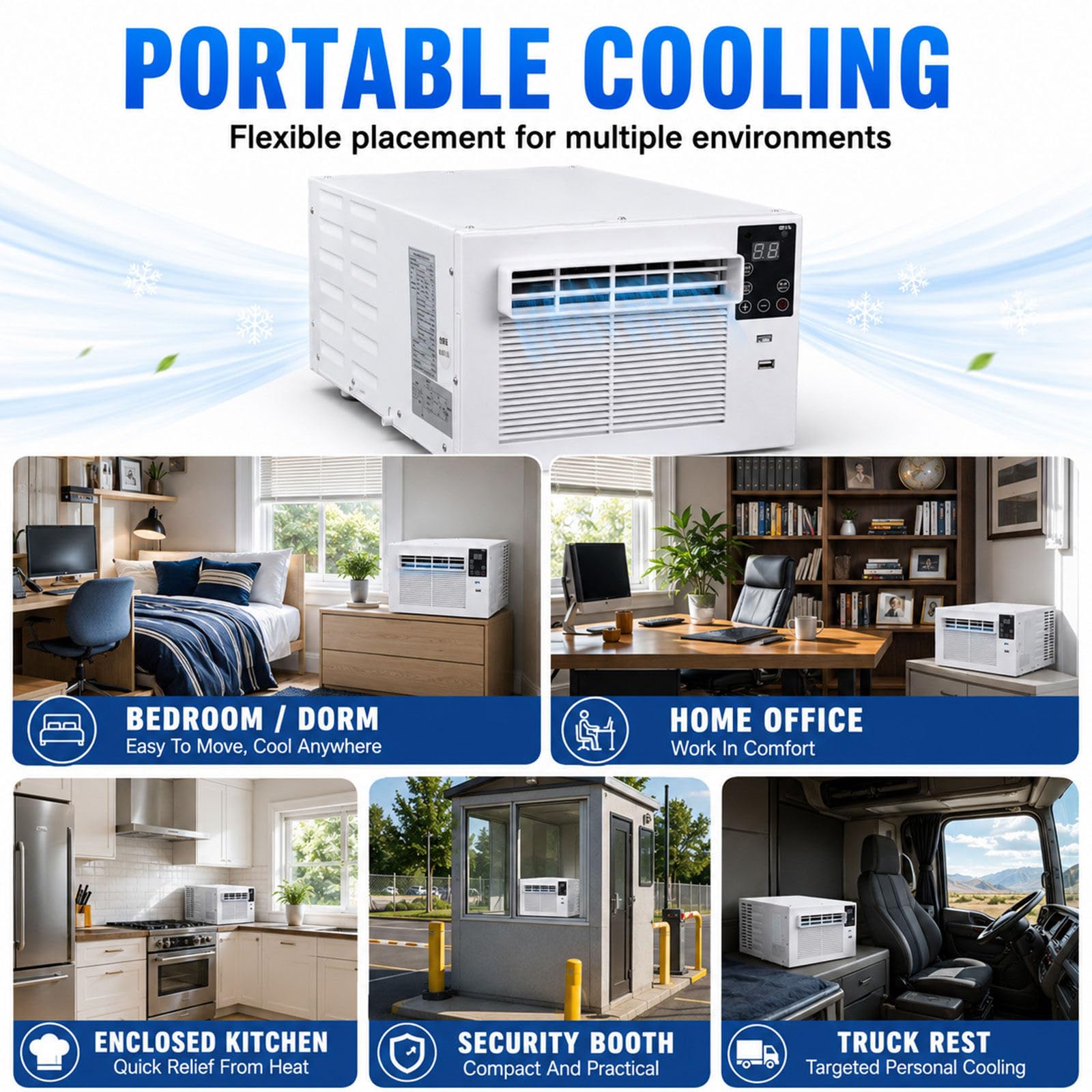 Aire Acondicionado portátil de 38 dB de Ruido | sin unidad exterior, mini aire acondicionado compacto, ideal para camiones, cocinas, dormitorios y casas de alquiler