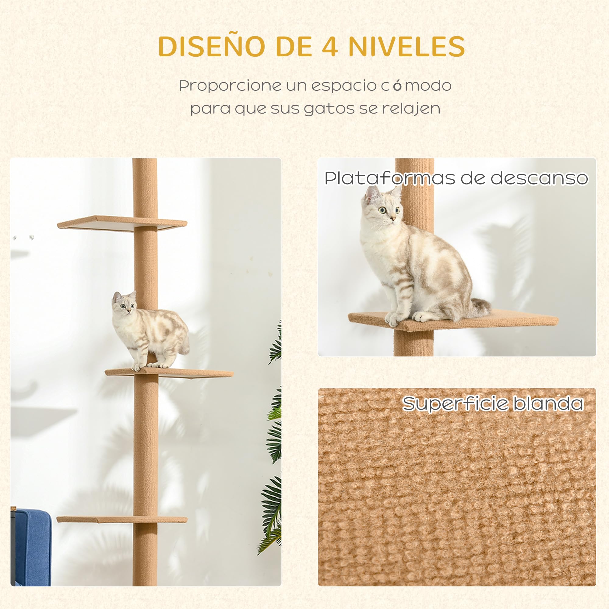 PawHut Árbol para Gatos del Suelo al Techo 43x27x228-260 cm Marrón | Torre para Gatos, Altura Ajustable, 4 Plataformas Espaciosas, Poste de Sisal