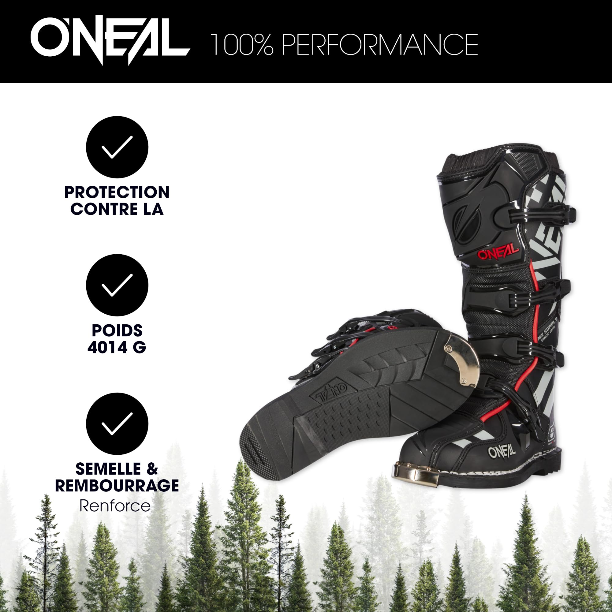 O'NEAL | Bottes de motocross | MX Enduro | Protection de la semelle en métal, boucles de fermeture facilement réglables | TRIBUTE Boot SQUADRON V.21 | Adulte | Noir/Gris | Taille 48/14