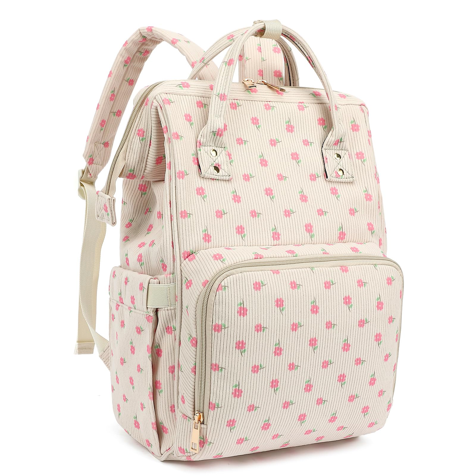 Xunteny Corduroy Diaper Bag Backpack for Women, Large Capacity Baby Bag for Mom and Girls Boys with Stroller Straps, Corduroy Flowers Pink