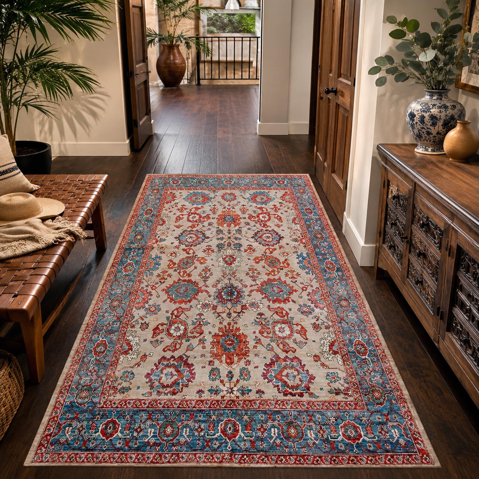 Tapis moderne 200 x 200 cm vintage carré bleu et rouge grand format pour salon