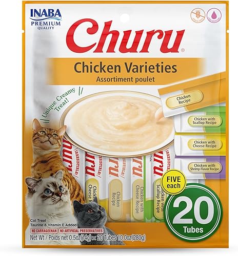 INABA Churu Cat Treats Grain-Free Lickable Squeezable Creamy Purée Cat TreatTopper with Vitamin E Taurine 05 Ounces Each Tube 20 Tubes INABA Churu Cat Treats Grain-Free Lickable Squeezable Creamy Purée Cat TreatTopper with Vitamin E Taurine 05 Ounces Each Tube 20 Tubes