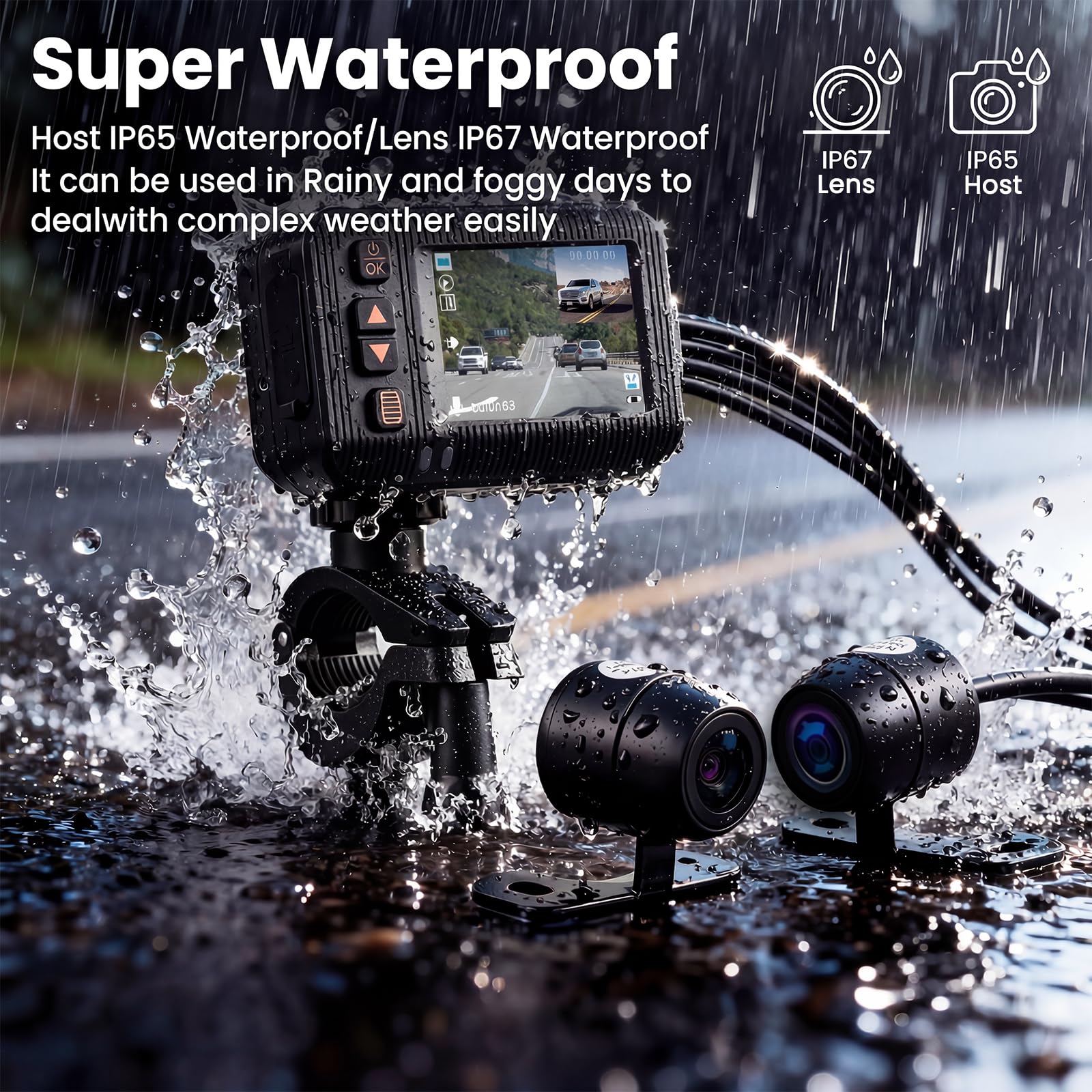 SIXTOP HDR Motorrad-Dashcam (vorne und hinten), 2 Zoll Dual Objektiv Motorrad Dashcam, IP67-Motorradkamera mit Loop-Aufnahme, G-Sensor, Parkmodus, Weitwinkel, Nachtsicht, kabelgebundene Steuerung