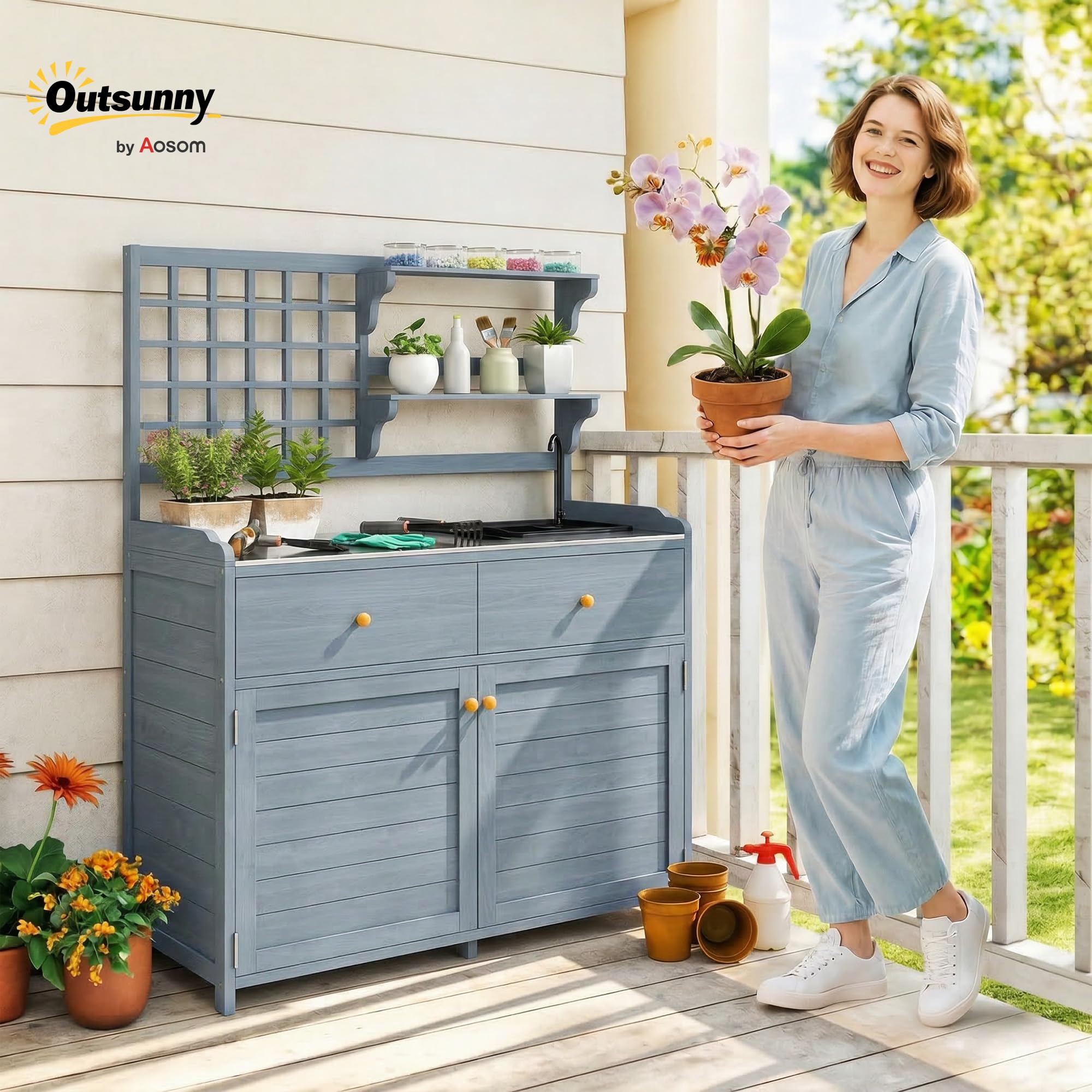 Outsunny Pflanztisch mit Unterschrank aus Holz Outdoor Gartenschrank mit verzinkter Arbeitsplatte 2 Schubladen wetterfest Gärtnertisch Geräteschrank für Garten Balkon Terrasse 104x44x140 cm Hellgrau