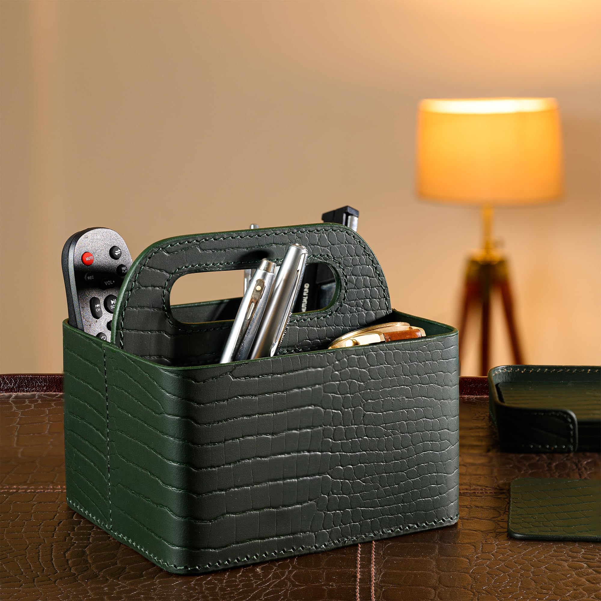 THREE SIXTY Genuine Leather Remote Holder for Living Room | 4-Slot TV Remote Stand for Table | Desk Organiser with Pen Holder | Handcrafted Remote Tray | Gift Box Included - Green