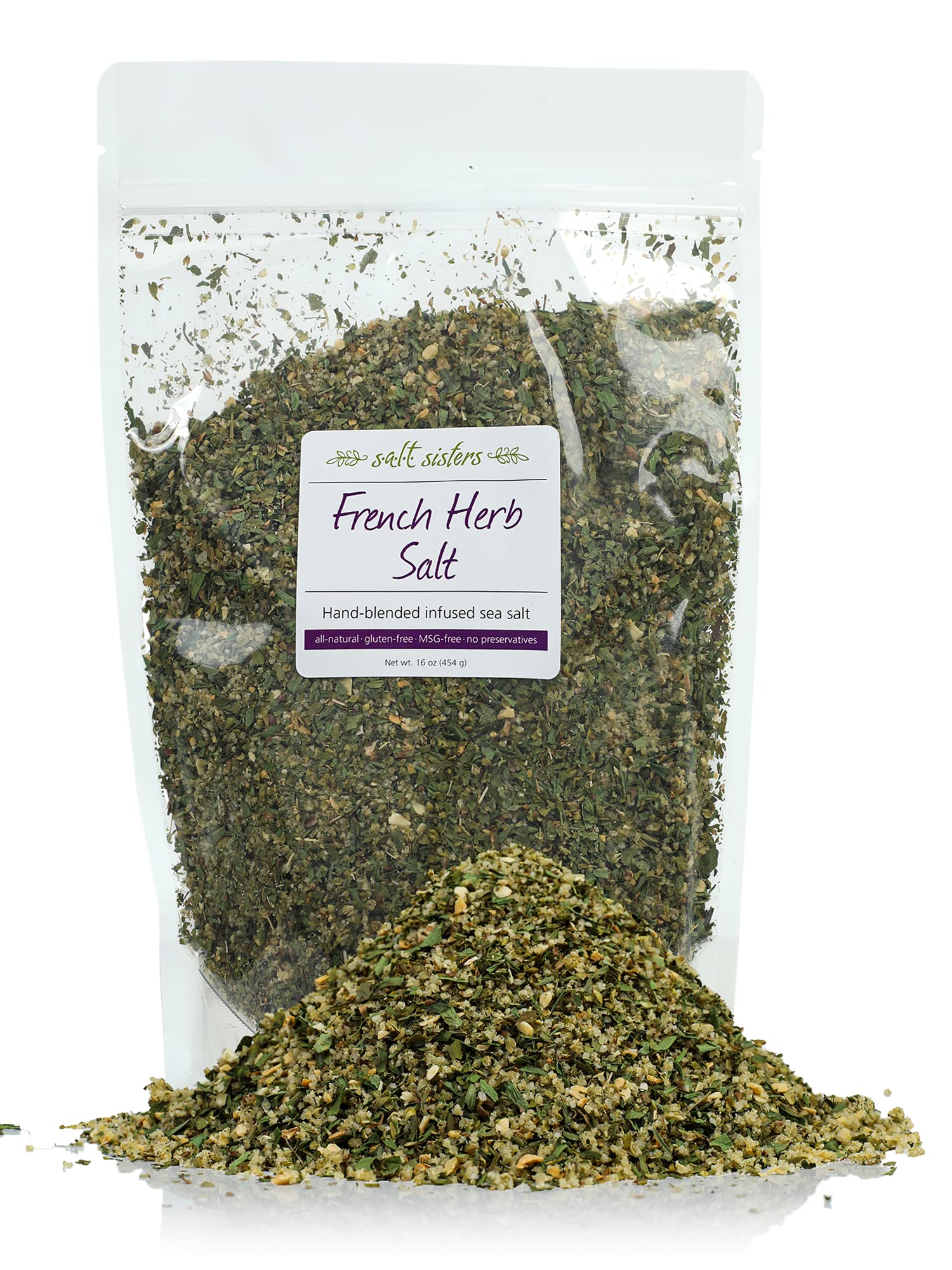 s.a.l.t. sisters French Herb Salt | All-Natural, Gluten Free, MSG Free, Non-GMO | Easily Dissolvable Herb Blend Coarse Sea Salt | Versatile Salt for Meat, Fish, Vegetables, and More | 1lb