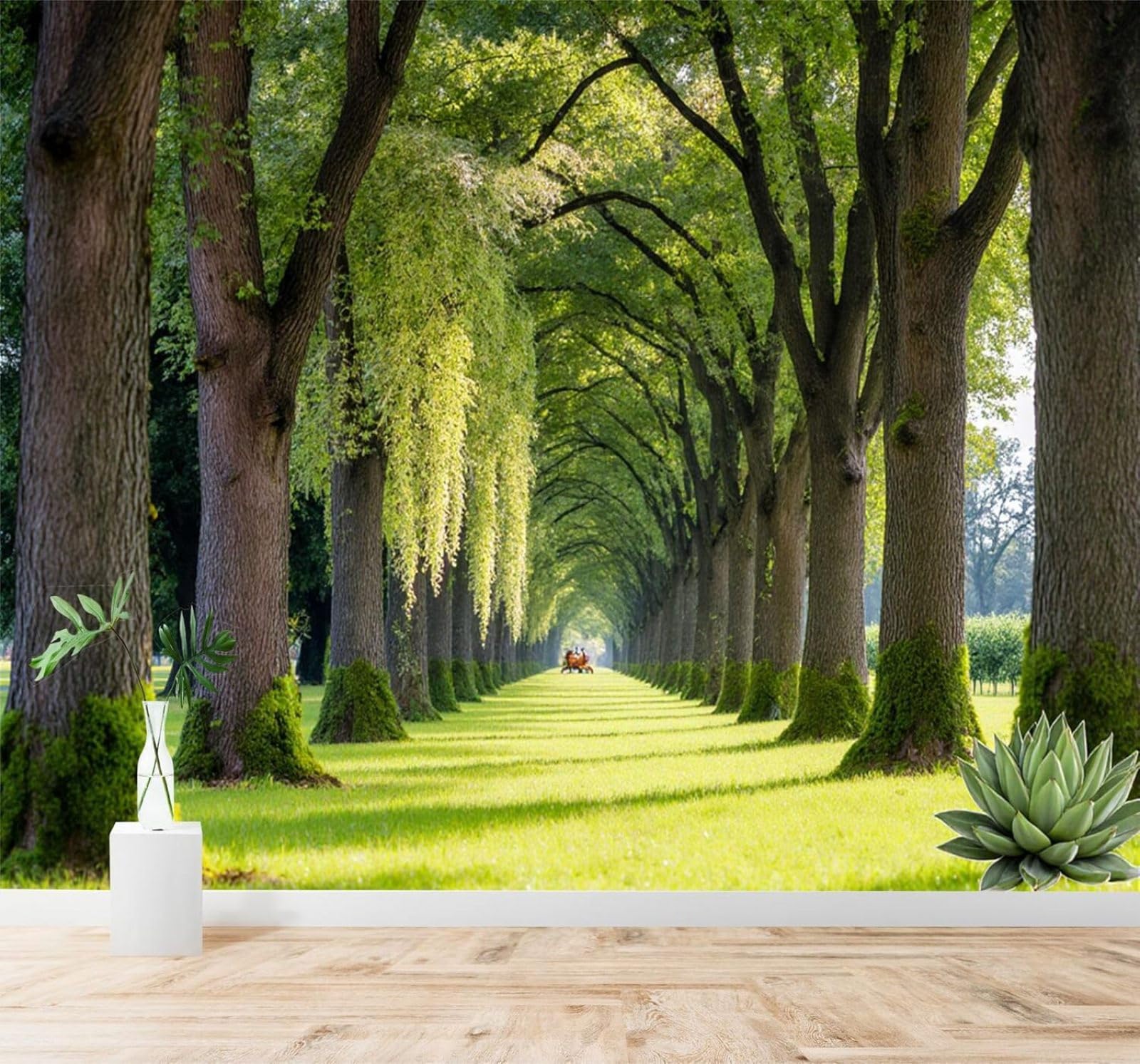 Tzxztt Fresh Green Trees A Wide Avenue Sunshine Succulents Modern 3D Wallpaper Premium Textured Silk Neutral Tones Material Ideal for Living Room Bedroom-150cm×105cm