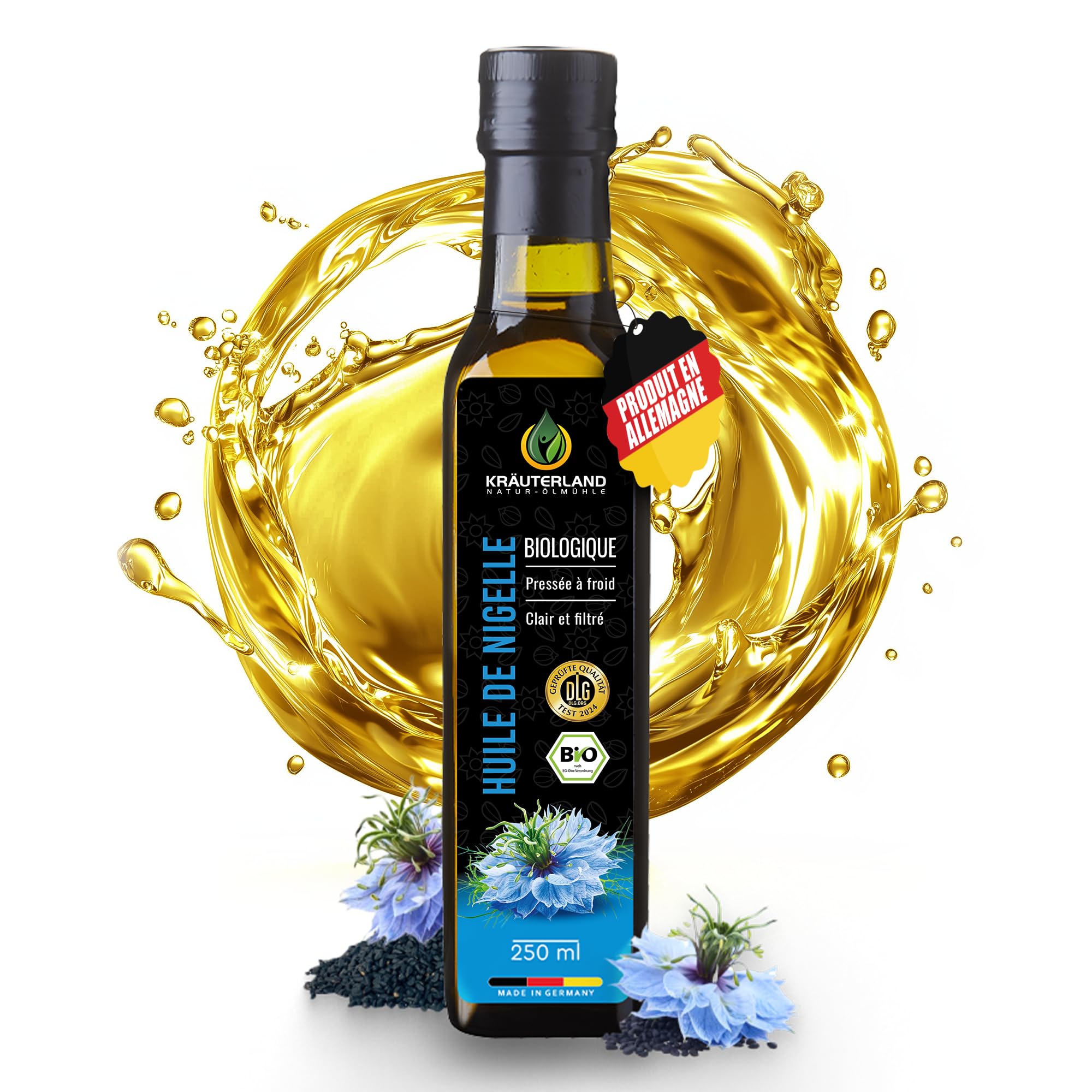 Kräuterland Huile de Nigelle Bio filtrée 250 ml - 100% pure, doucement pressée à froid, égyptienne, nigella sativa, végétalienne - fraîche du moulin directement du No. 1 Fabricant d'Allemagne