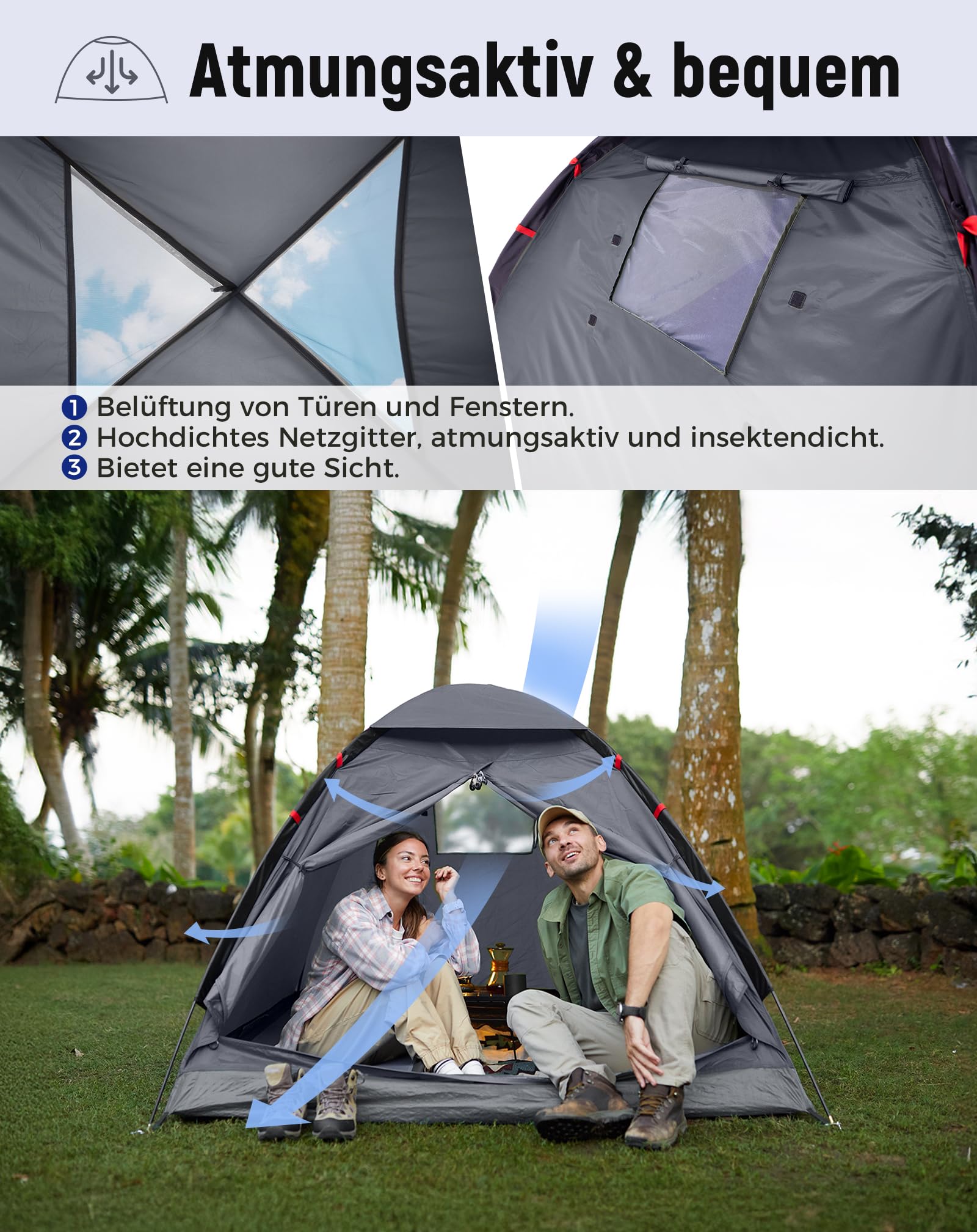KingCamp 2-3 Personen Zelt Wasserdicht 3000mm Ultraleicht Camping Zelt mit Übergroßer Regenkappe & Reflektierenden Seilen -Kuppelzelte für Festival,Wochenend-Camping, Reisen - 210x180x130cm