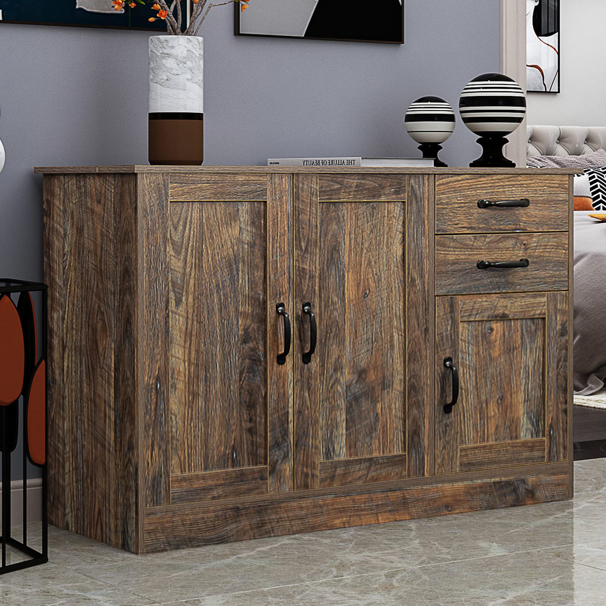 HABITRIO 43.3" Modern Sideboard Buffet Server Table Wood Storage Cabinet with Adjustable Shelves, Entryway Serving Storage Cabinet with 2 Doors and 1 Cabinet