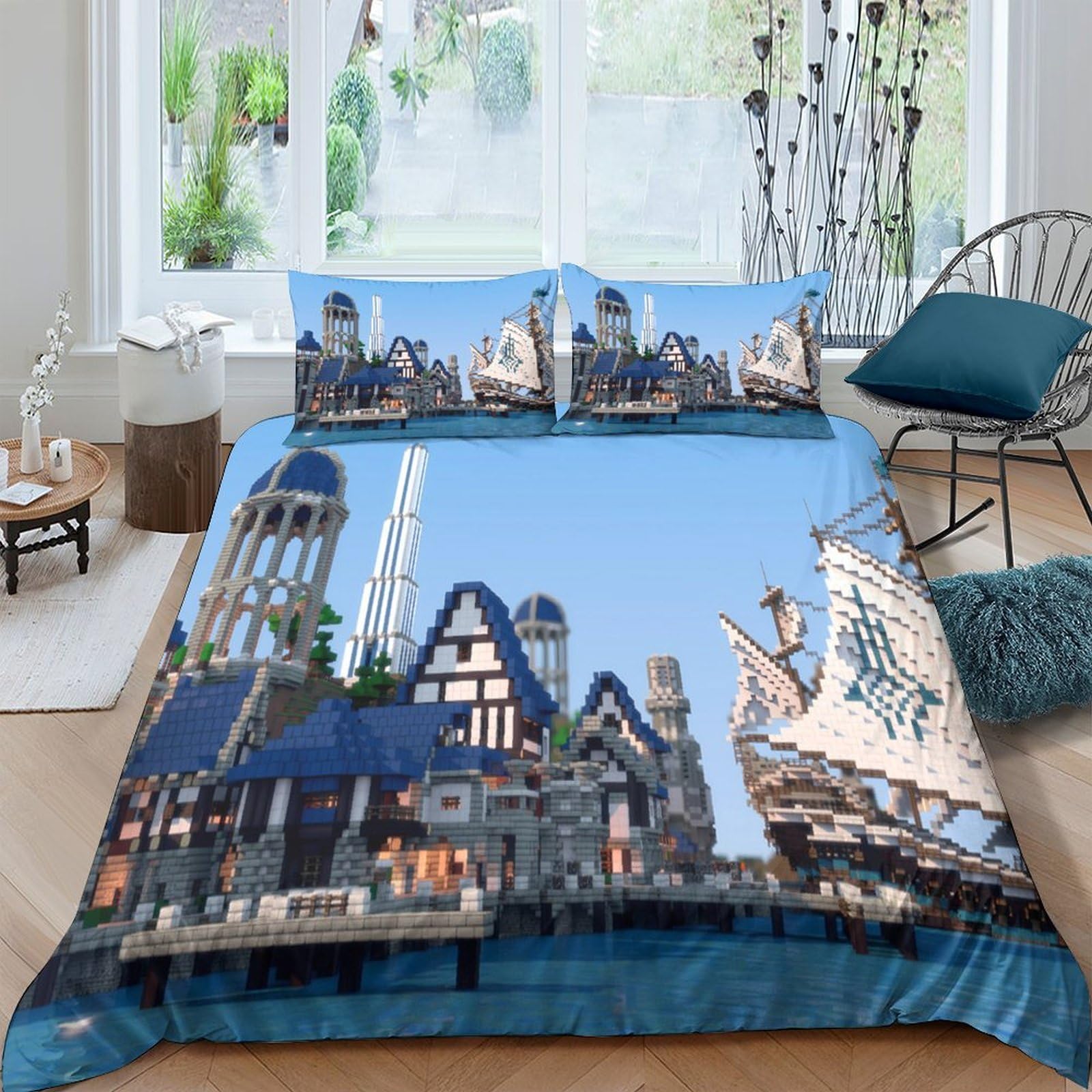 Ctjqhvkz Style-4 3D Printed Medieval Castle Fitted Sheet Microfiber Soft Blue Harbor Ship Mattress Cover For Bedroom Dorm Decor Single（135X200cm）