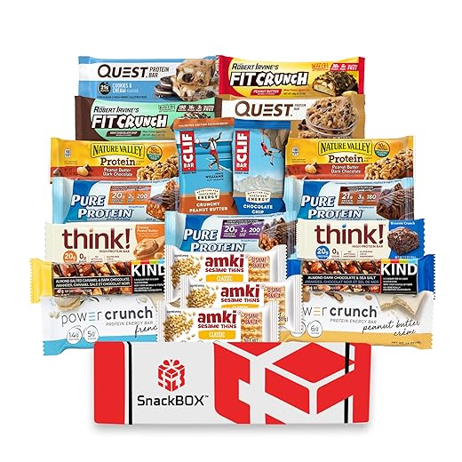 SnackBOX Healthy Protein Bars Fitness Snacks BOX Care Package (20 Count) Valentines Day College Variety Pack Energy Basket Gift Baskets Athletes Weightlifters Marathon Training College Runners Guys Girls Adults Kids Grandkids Men Women Food Sampler Student Birthday Finals Snack Packs Office Military Gift Ideas