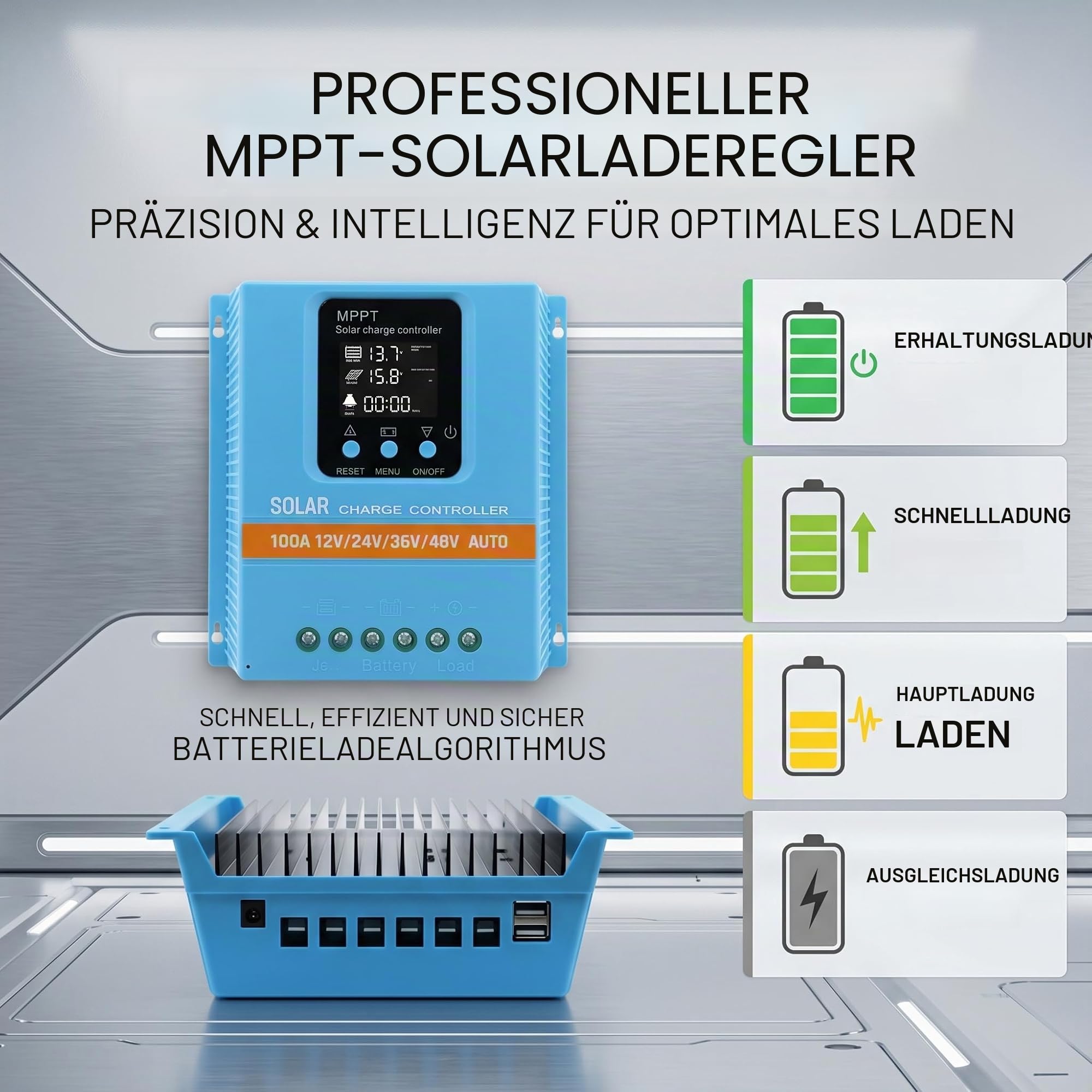 Solarregler 100 A MPPT/PWM Hybrid | Auto-Erkennung 12 V/24 V/36 V/48 V | LCD-Display & Dual USB | für Lithium-Batterien (LiFePO4) & Blei | Ideal für Wohnmobile, Haus und Garten
