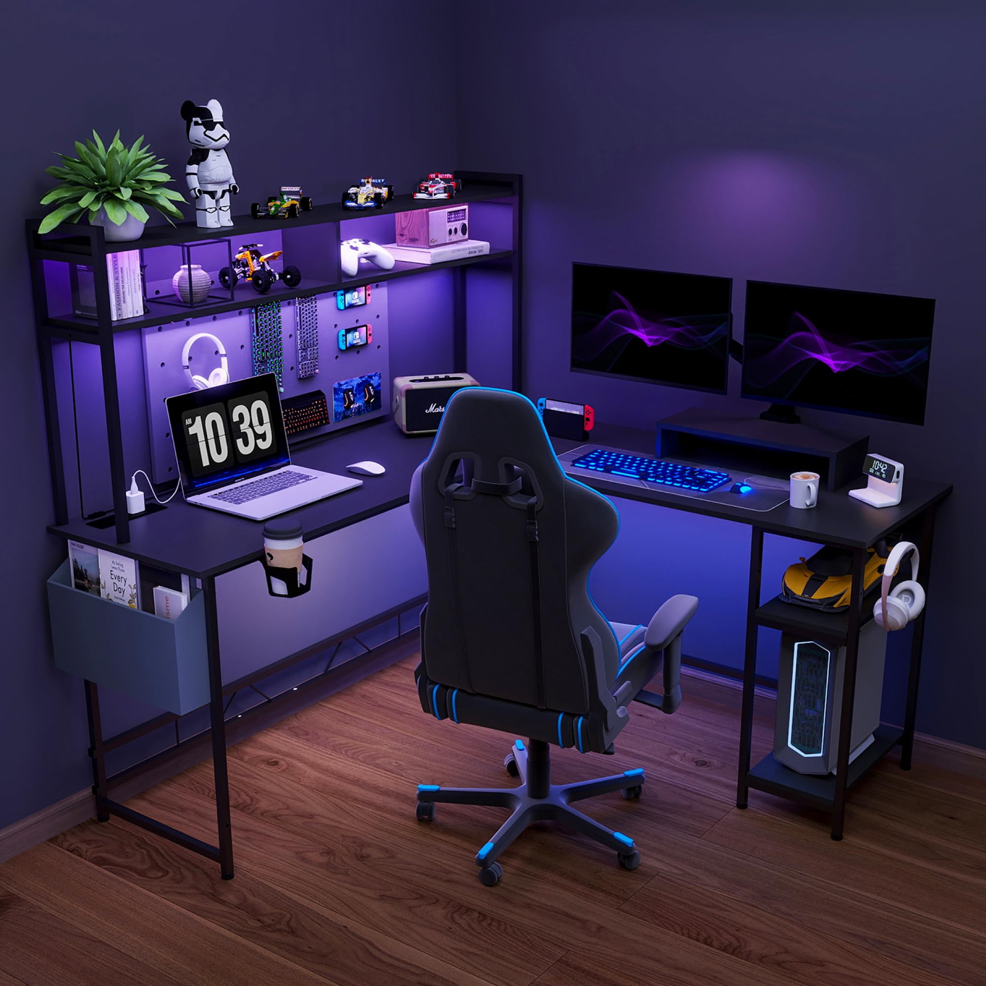 SANODESK LED Bureau Gaming 120 * 140cm, Bureau d'angle avec Rangement, 2 Chargeur USB, 2 Prises, Bureau Informatique PC en Forme L avec Support de Moniteur pour Jouer et Travailler, Noir