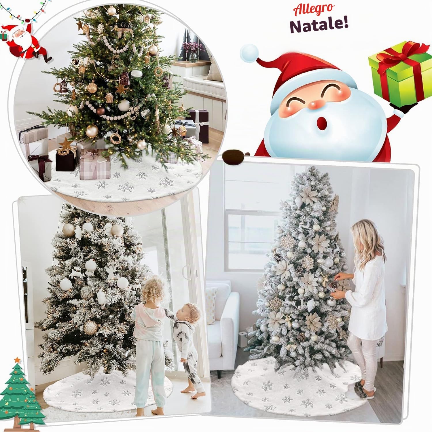 Gonna per albero di Natale, morbida gonna in peluche bianco, diametro 90 cm, fiocchi di neve argentati, decorazione per feste di Natale e Capodanno (spessore extra)