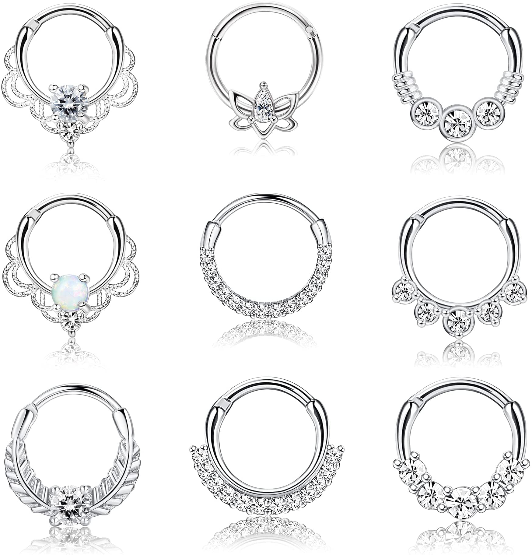 CASSIECA 8/9 PCS 16G Piercing Nariz Aro para Mujeres Hombres Daith Pendientes Piercing Nariz Acero Quirurgico Nostril Piercing Nariz Septum Helix Tragus Piercing Joyas Plata Oro Oro rosa Negro