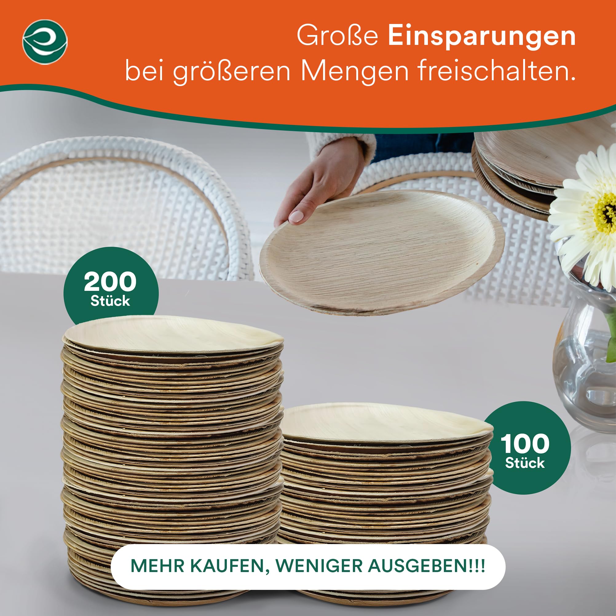 ECO SOUL Bambus teller 10"(25 cm) Palmblatt teller Einwegteller(200 Stück) | 100% natürliches Palmblatt, Extra stabil für heiße & kalte Speisen, Fett & schnittfest, Kompostierbare Alternative zu Plast